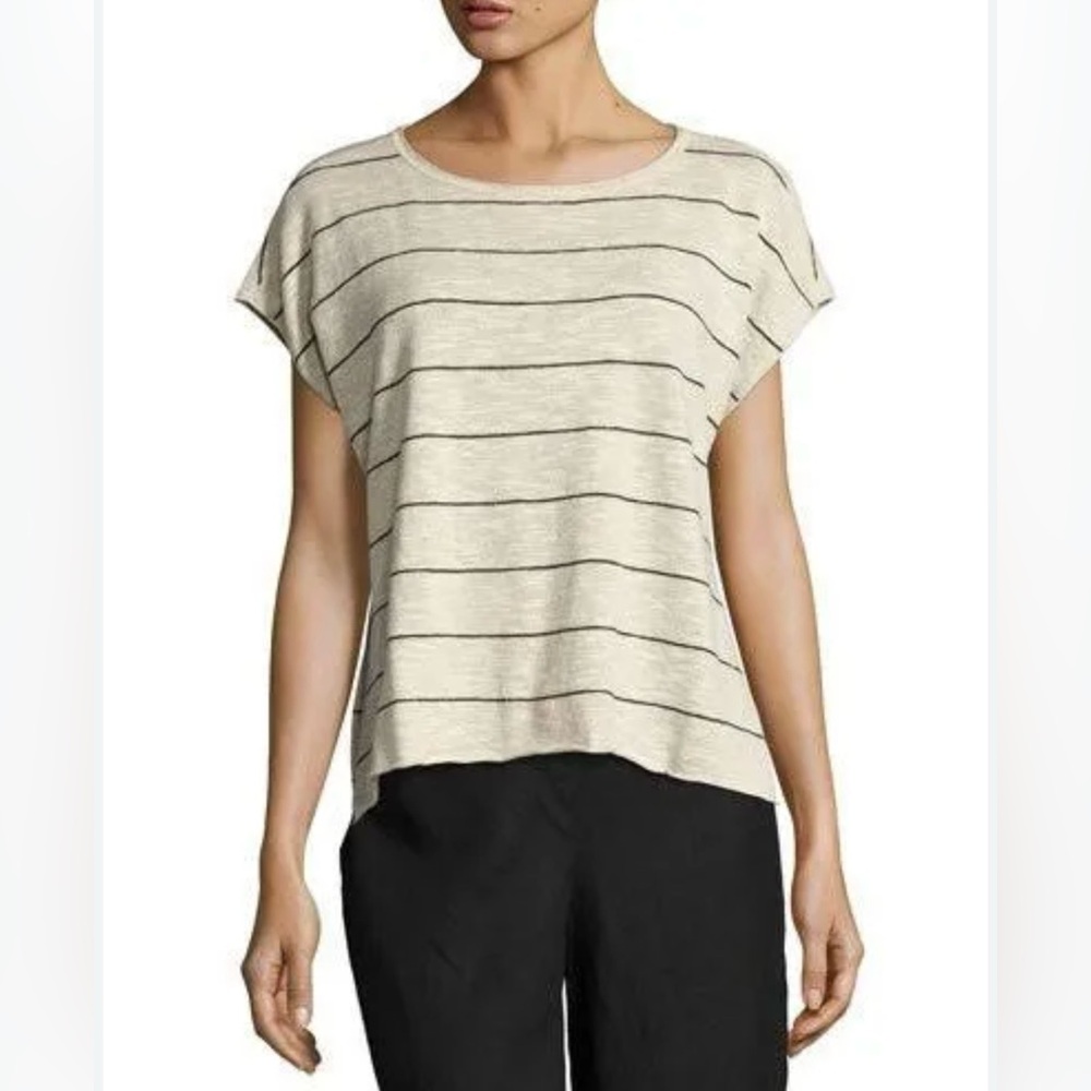 Eileen Fisher Organic Linen Slub Stripe Bateau Neck Box Top - sz XS (Runs Large)
